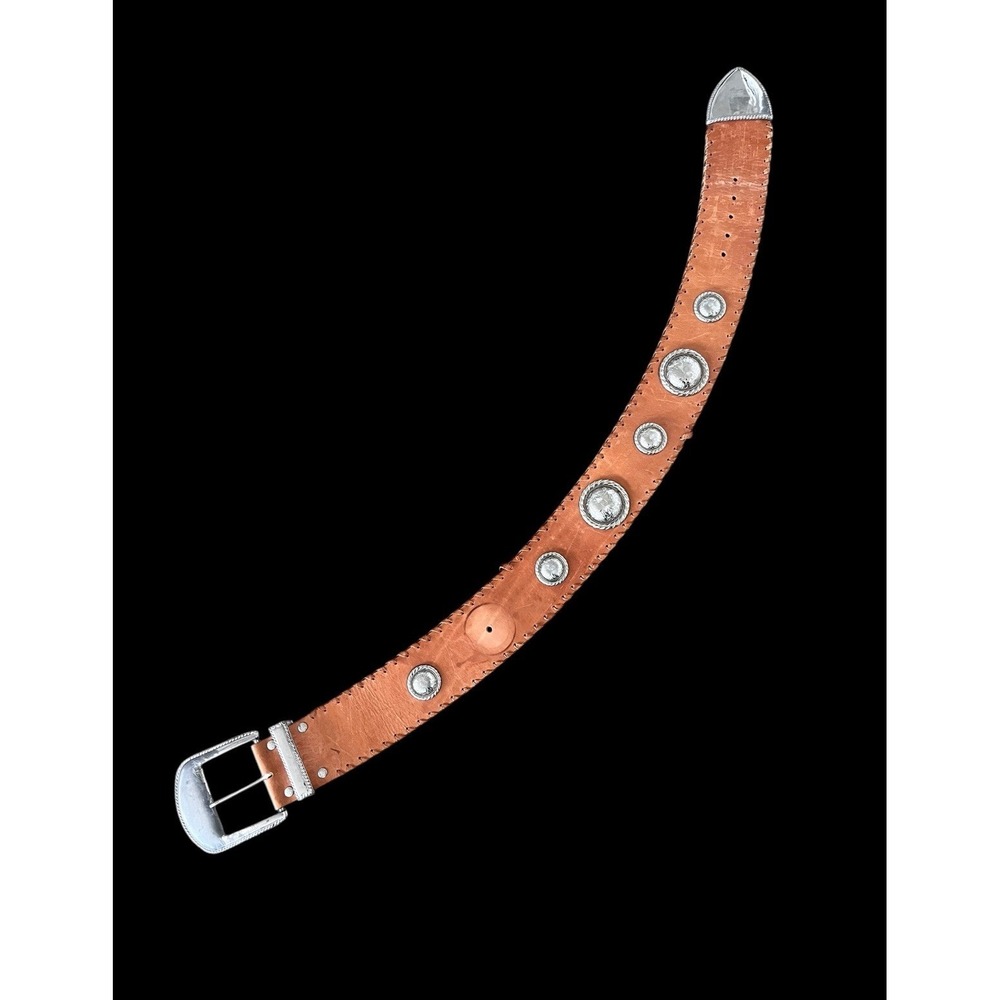 Vintage AL BERES Concho Tan Leather Belt & Buckle Massive 3.5" Wide - USA 31-34"